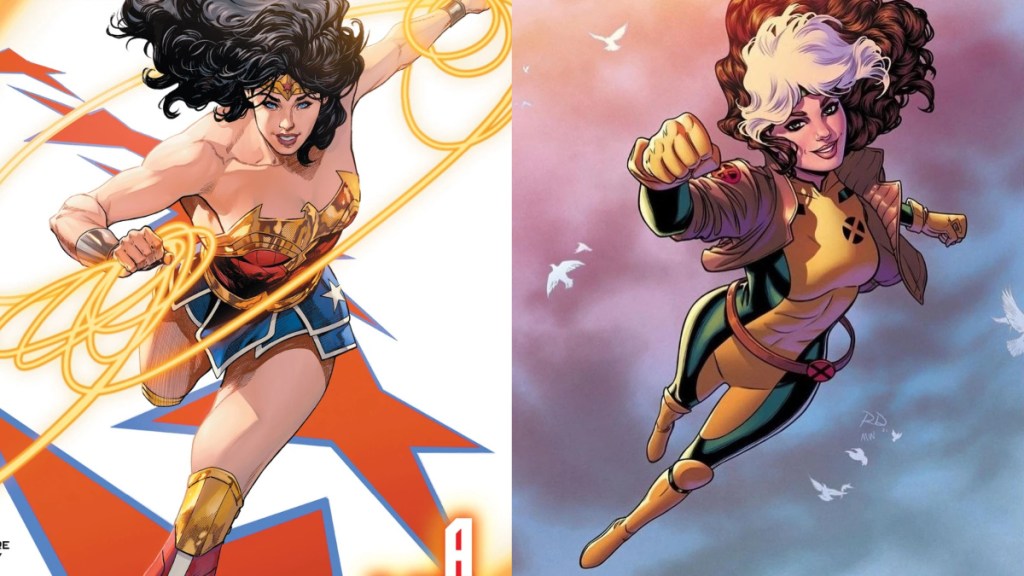 A split image of Wonder Woman and Rogue