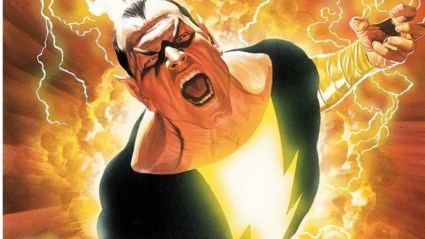 Black Adam flying as lightning arcs under and around him
