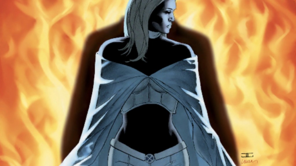 Ema Frost standing in front of a shadowed man and fire from Astonishing X-Men