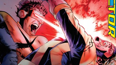 Cyclops blasting Havok with his optic blasts on the cover of X-Factor #8