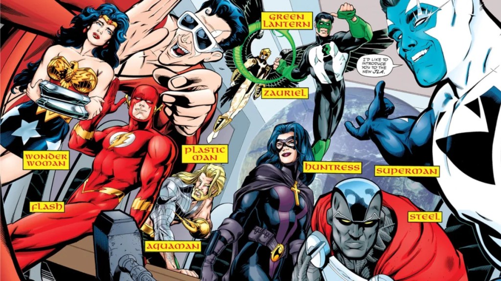 Superman apresentando Hippolyta, The Flash, Aquaman, Plástico, Lanterna Verde, Huntress, Zauriel e Aço no JLA