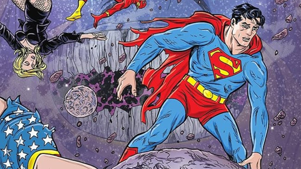 Superman looking distraught on an asteroid as heroes like Wonder Woman, the Flash, and Black Canary float behind him