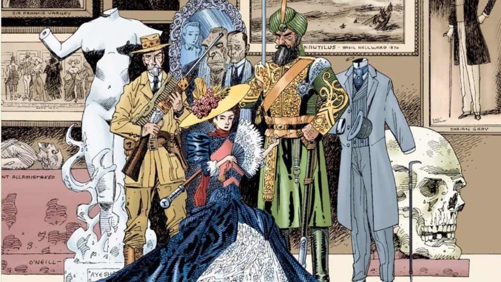 The Invisible Man, Alain Quartermain, Mina Murray, Doctor Jekyll and Mister Hyde, and Captian Nemo from the cover of the League of Extraordinary Gentlemen