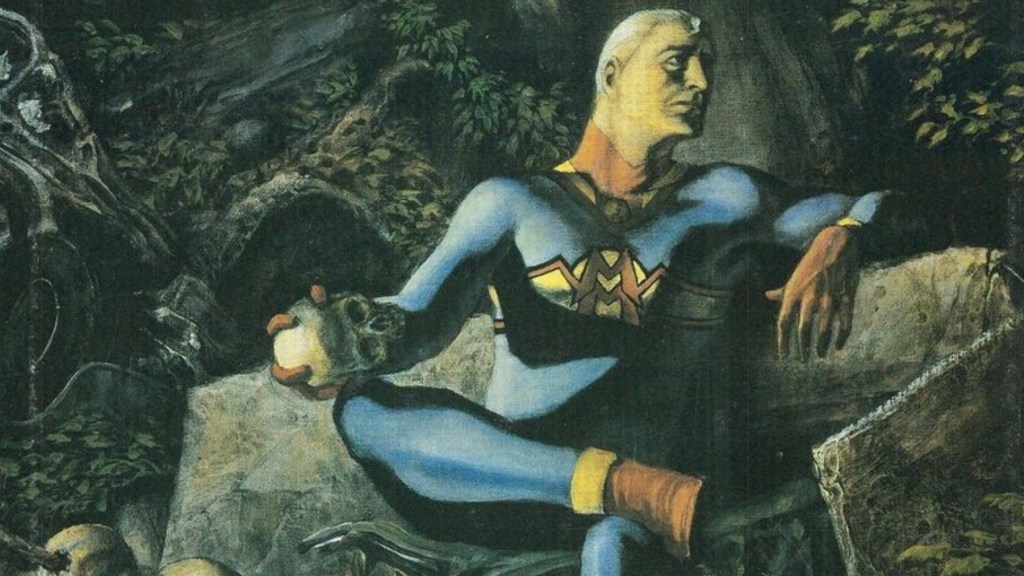 Miracleman sitting on his throne, looking sadly into the distance while holding a skull in Miracleman: Olympus