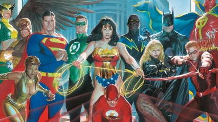 The Justice League of America - Superman, Batman, Wonder Woman, Hal Jordan, the Flash, Black Canary, red Arrow, Hawkgirl, Blcak Lighting, Vixen, red Tornado, and Geo-Force - all thogather on the cover of Justice League of America Vol. 2 #12