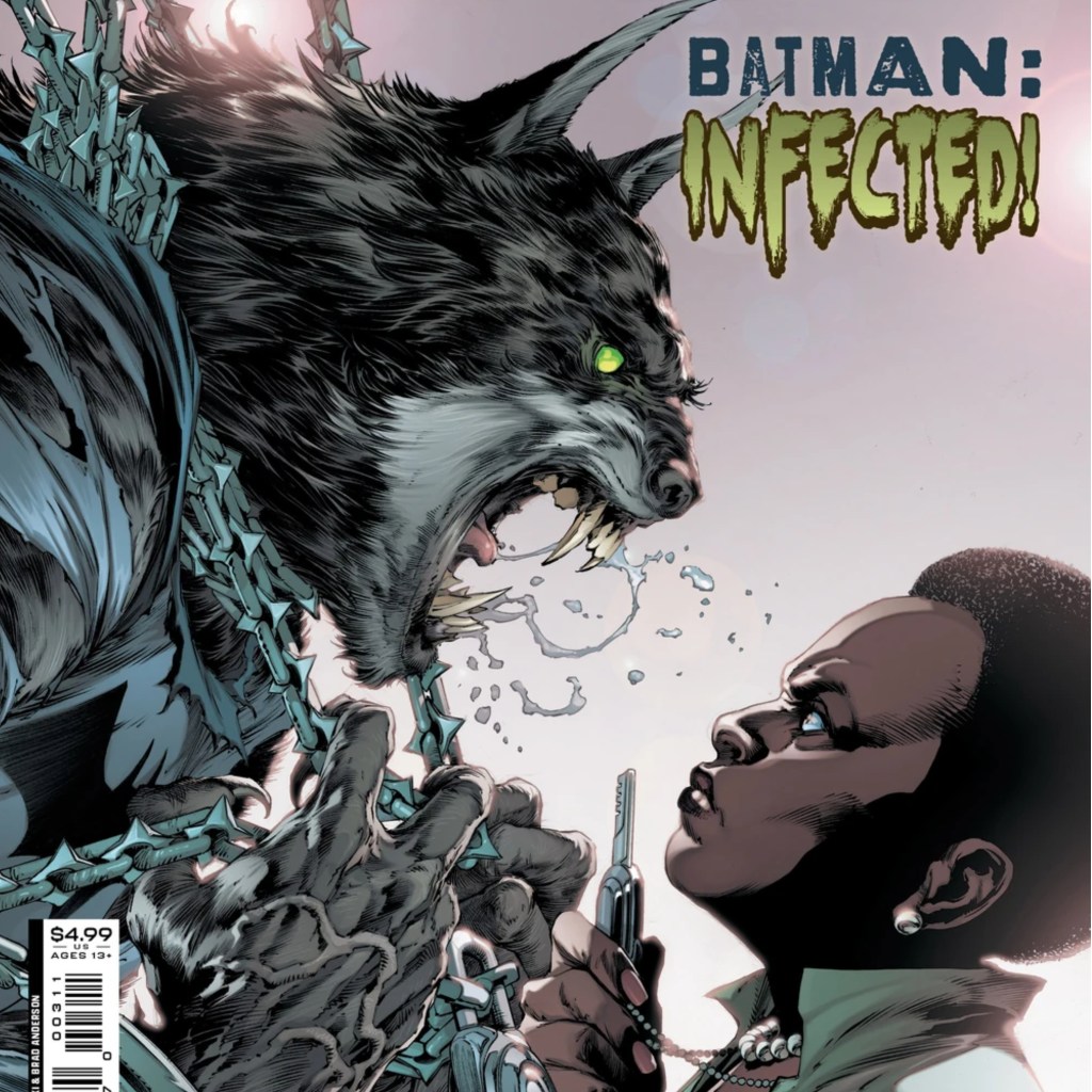 A transformed Batman roaring at Amanda Waller on the over of Titans: Beast World #3