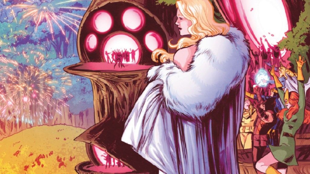 Emma Frost looking out over Krakoa as Cyclops, Wolverine, and Jean Grey party in the background