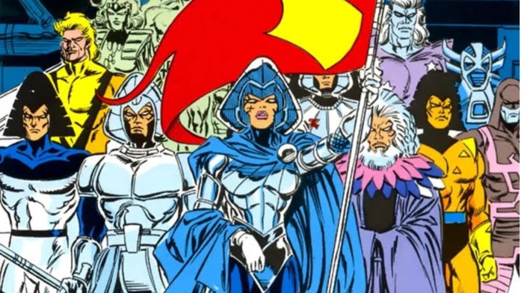 Empress Lilandran holding the flag of the Shi'Ar Empire with her subjects behind her