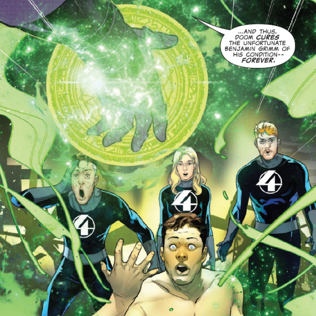 Doctor Doom curing the Thing while the Fantastic Four look on in One World Under Doom