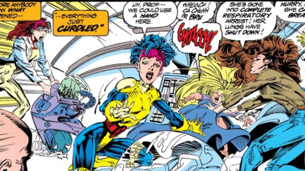 Illyana Rasputin dying of the Legacy Virus surrounded by Jubilee, Kitty Pryde, and Moira MacTaggert