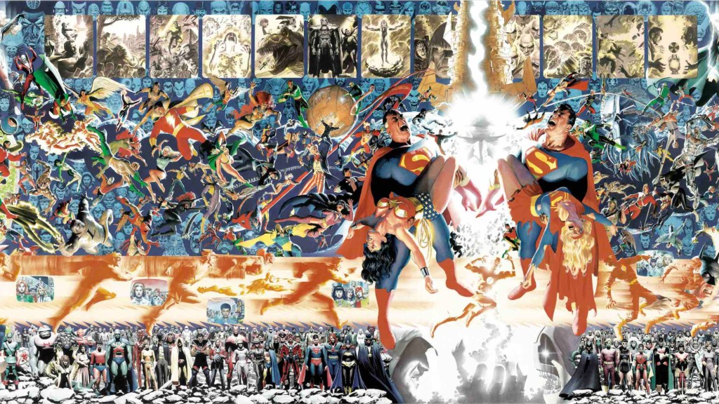 Alex Ross's cover to the Crisis on Infinite Earths featuring the heros and villain of the DC Multiverse