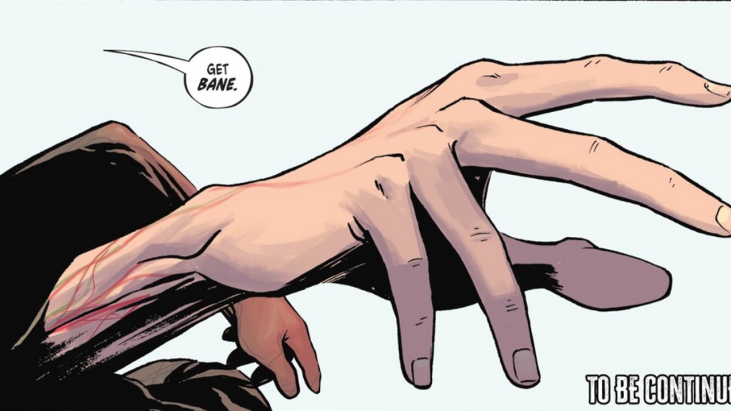 The Joker's hand, with a baby's arm around his arm, reaching forward while telling his butler to get Bane in Absolute Batman #6