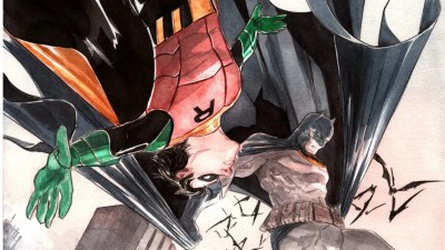 Batman and Robin flying through the air from the cover of the upcoming Robin and Batman: Jason Todd