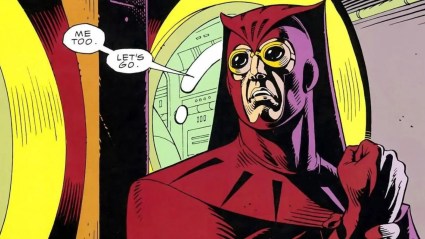 Nite-Owl in costume ready to rescue Rorschach from Watchmen