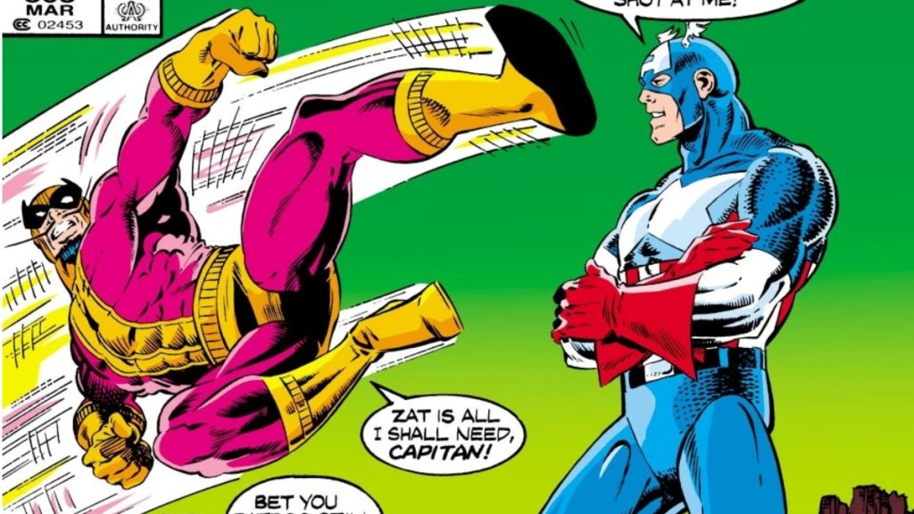 Batroc the Leaper jumpkicking Captain America