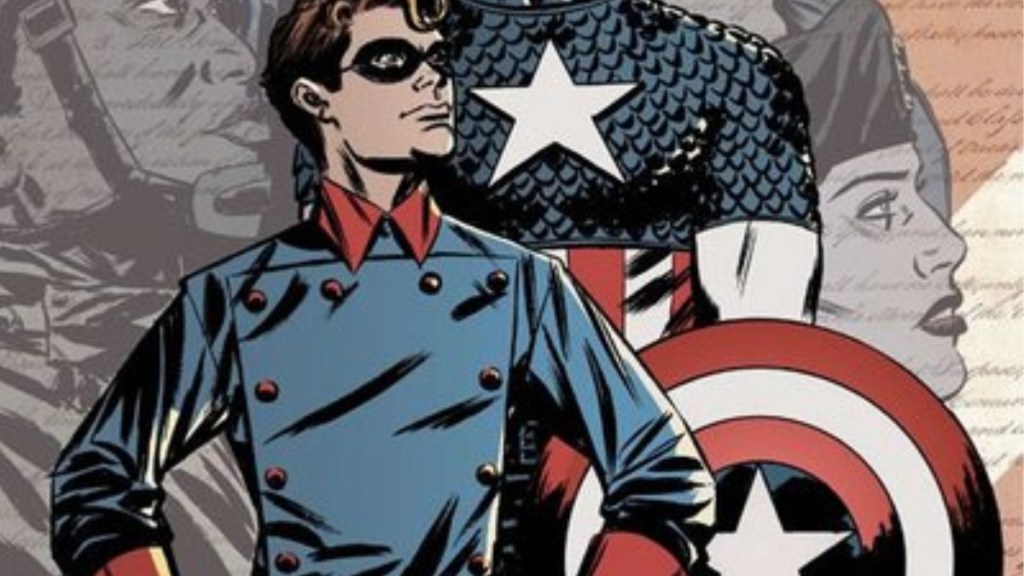 Bucky standing with Captain America behind him