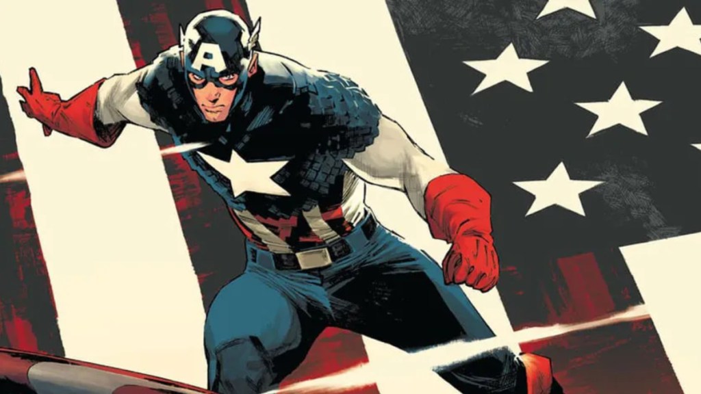 Captain America throwing his shield in front of a giant American flag
