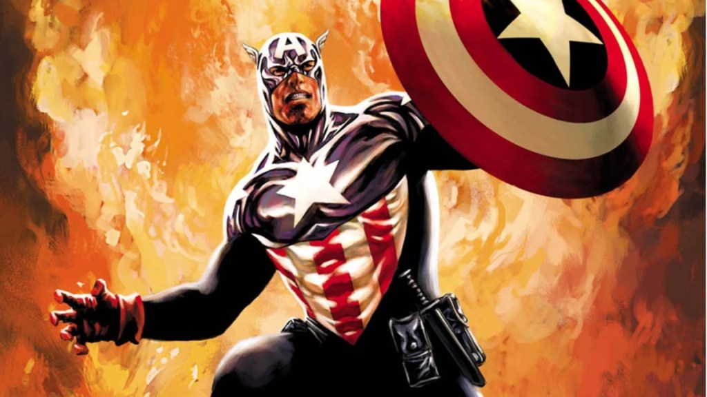 Bucky as Captain America holding the shield with his cybernetic arm in front of a fiery background