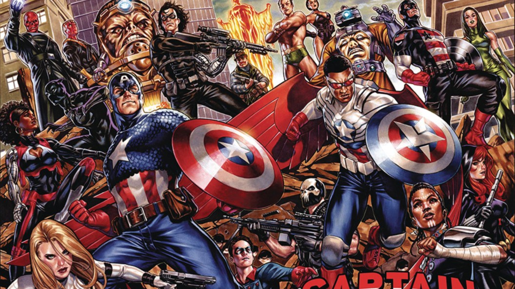 Captain America surrounded by his allies and enemies