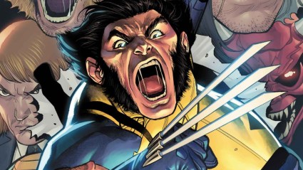 Wolverine Roaring, ripping through a paper wall from the cover of Wolverine #400
