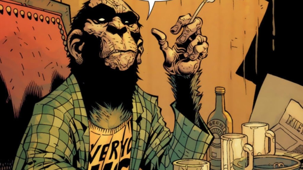 Detective Chimp, looking frazzled and smoking a cigarette