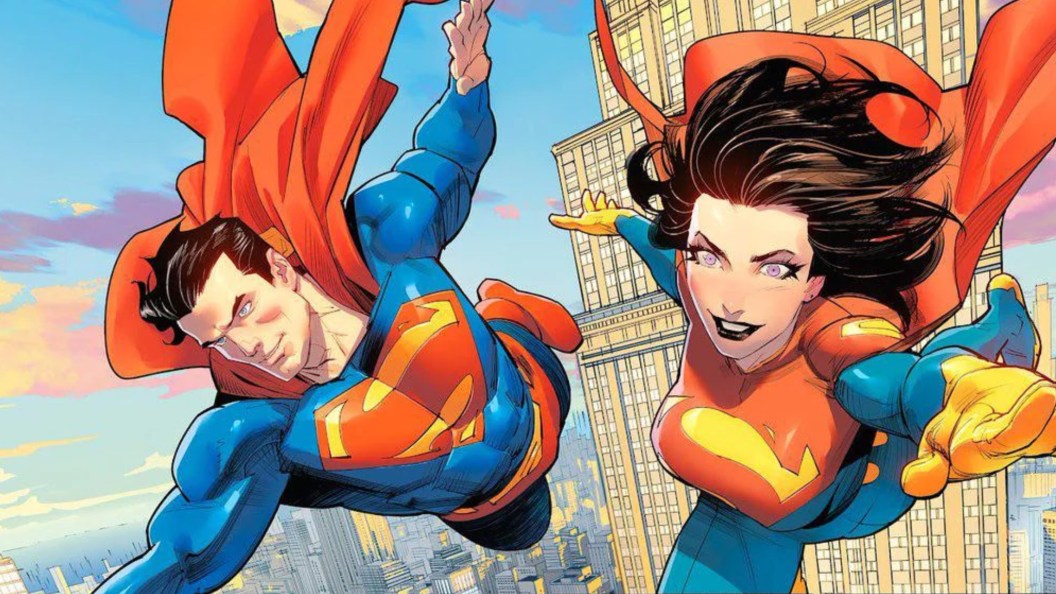 Superman and Superwoman flying through Metropolis together