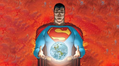 Superman holding the planet Earth in front of a red background from the cover of All-Star Superman #10