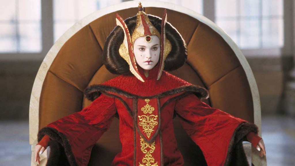 Padme Amidala in he royal outfit on the throne of Naboo from Star Wars: Episode I; The Phantom Menace