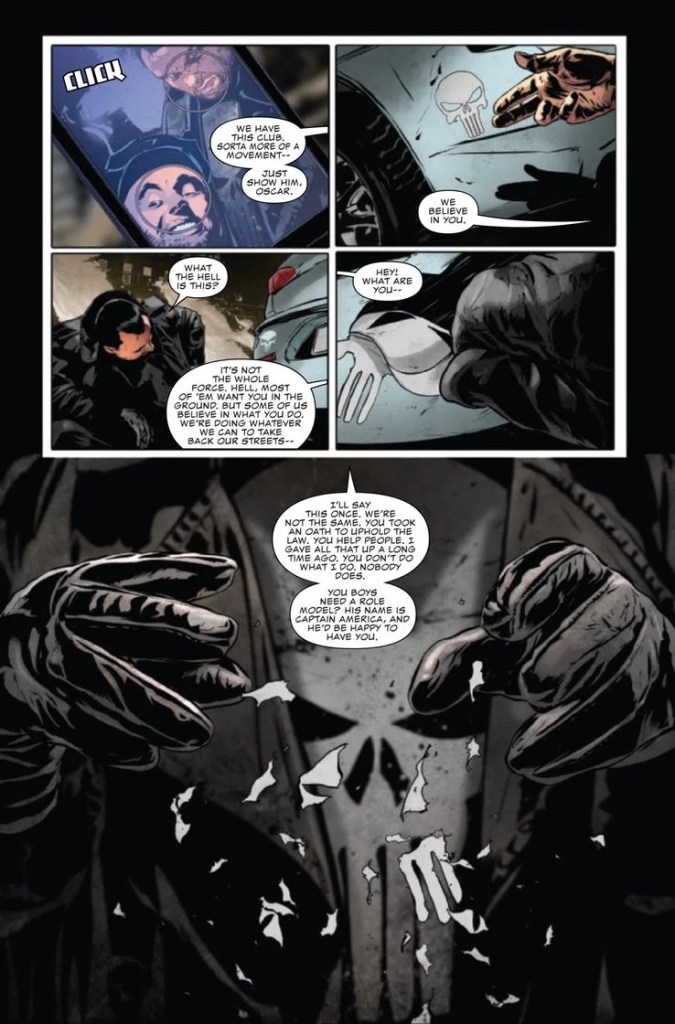 Page from Punisher #13 showing Frank Castle opinion on cops who idolize him