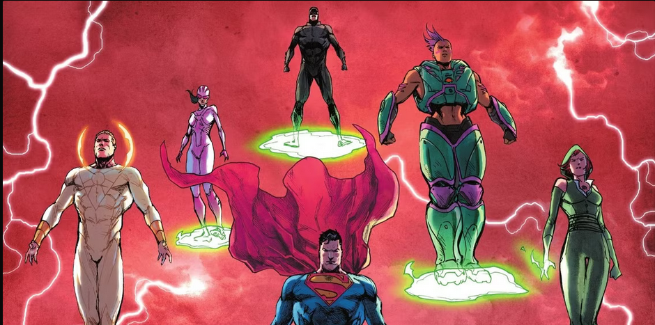 Superman, Apollo, OMAC, Midnighter, Lightray, and Enchantress from the War World Saga