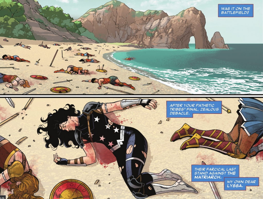 The aftermath of the Wonder War on Themyscira with a dead Donna Troy from the Wonder War in Wonder Woman #19