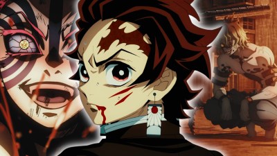 Tanjiro in Demon Slayer with demons behind him