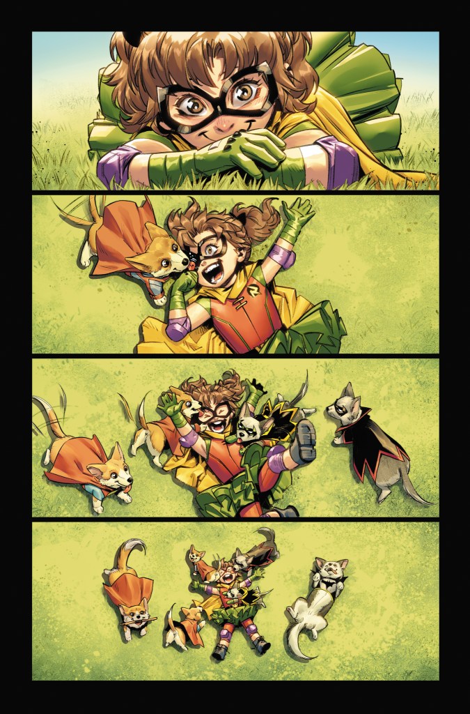 A young Trinity attacked by Corgis in the costumes of superheroes in Trinity: Daughter of Wonder Woman #1