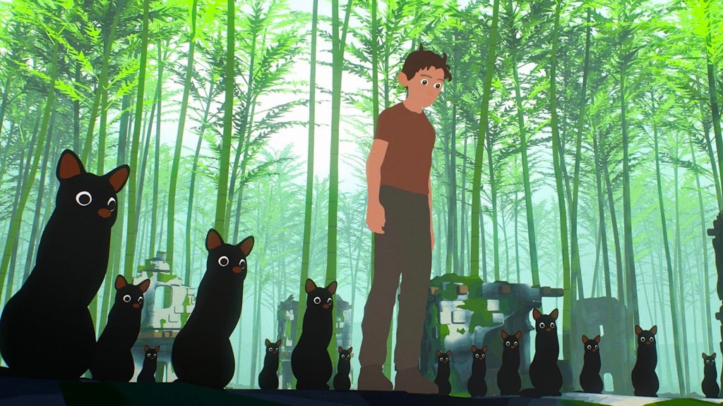 Boy and black cats in forest in Away