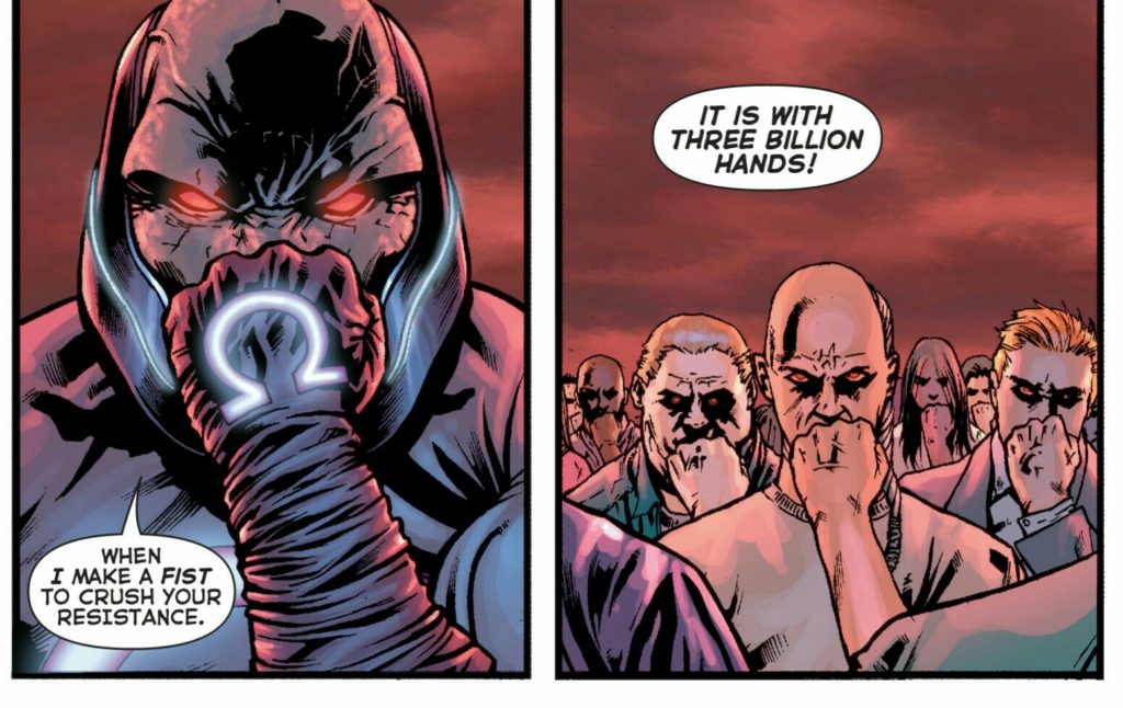 Darkseid controlling the actions of humanity in Final Crisis