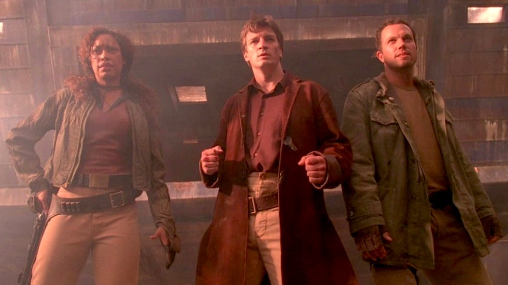 Gina Torres, Nathan Filion, and Adam Baldwin in Firefly