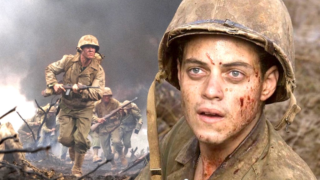 Rami Malek in The Pacific next to battlefield scene