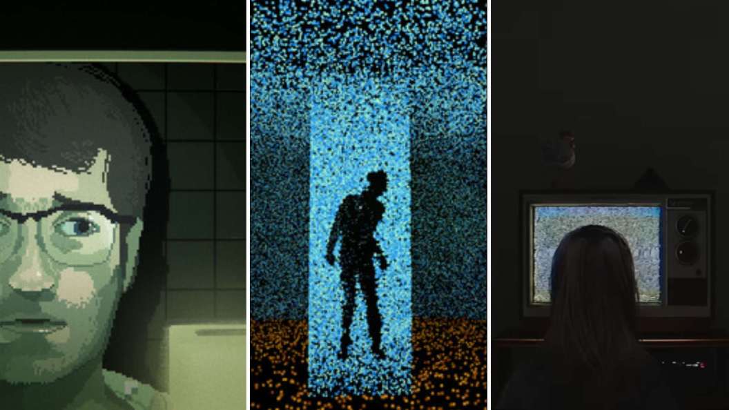 Collage of three indie horror games pictured left to right: Midnight Scenes A Safe Place, The Voidness, and TELEFORUM