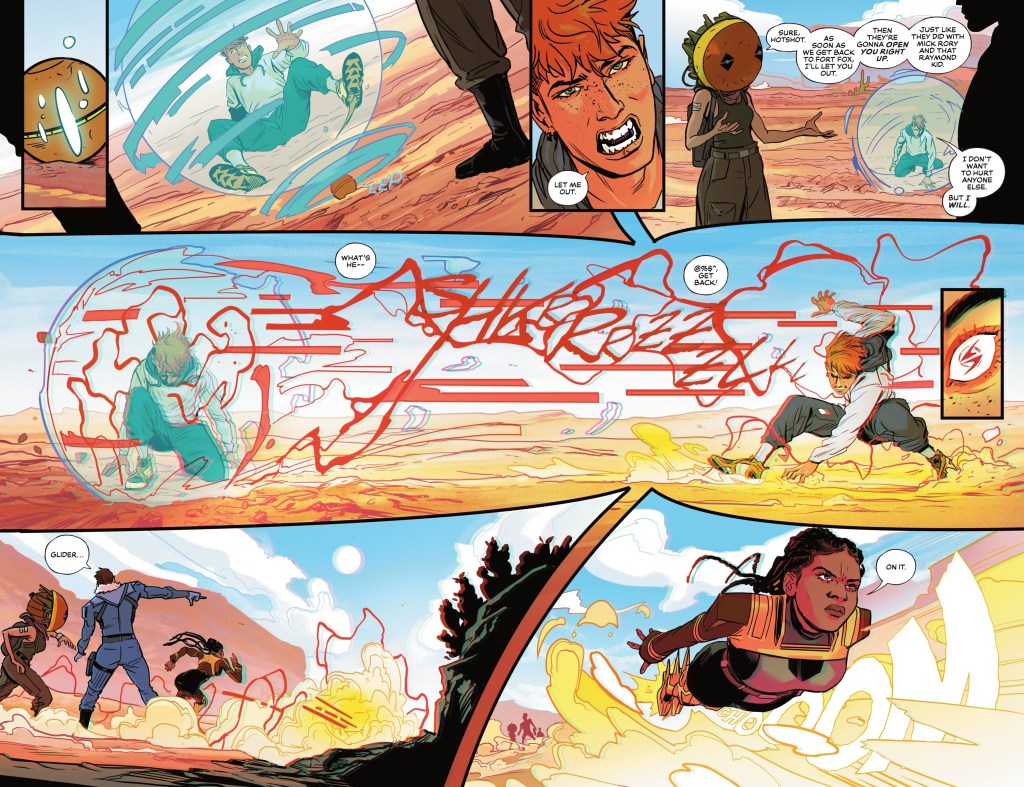 The Rogues and Wally West going after each other, with Wally escpaing one of Trickster's traps and running off with Golden Glider chasing after him