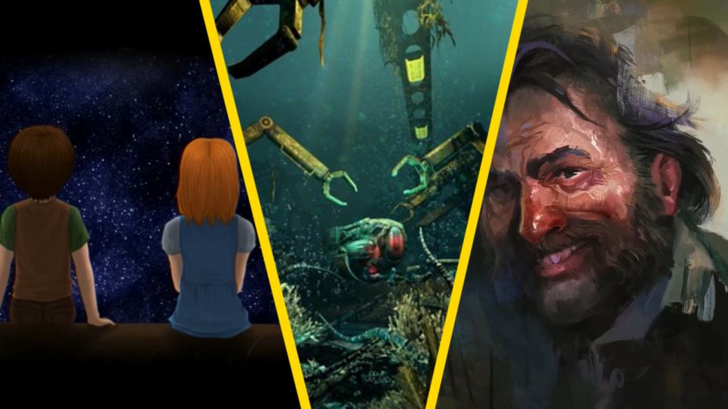 Narrative games collage, left to right: To the Moon, SOMA, and Disco Elysium