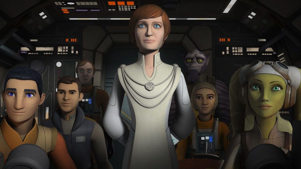 Star Wars Rebels Season 3 Episode 18, "Secret Cargo." Mon Motham in the middle of Hera Syndulla and Ezra Bridger.