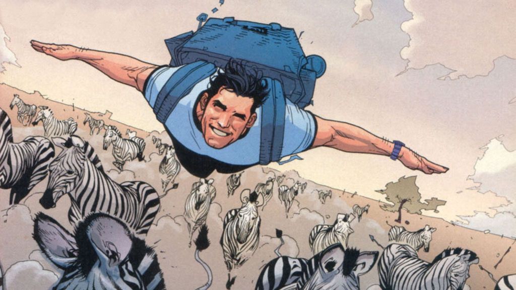 Clark Kent flying with zebras in Superman Birthright