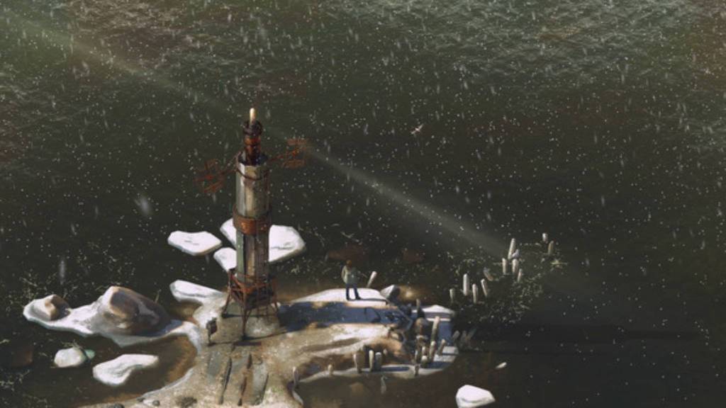 A cinematic shot of the ocean with Harry standing on the shore edge in Disco Elysium
