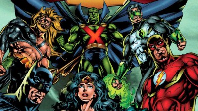 Aquaman, Martian Manhunter, Green Lantern, batman, Wonder Woman, and the Flash from the cover of JLA: New World Order