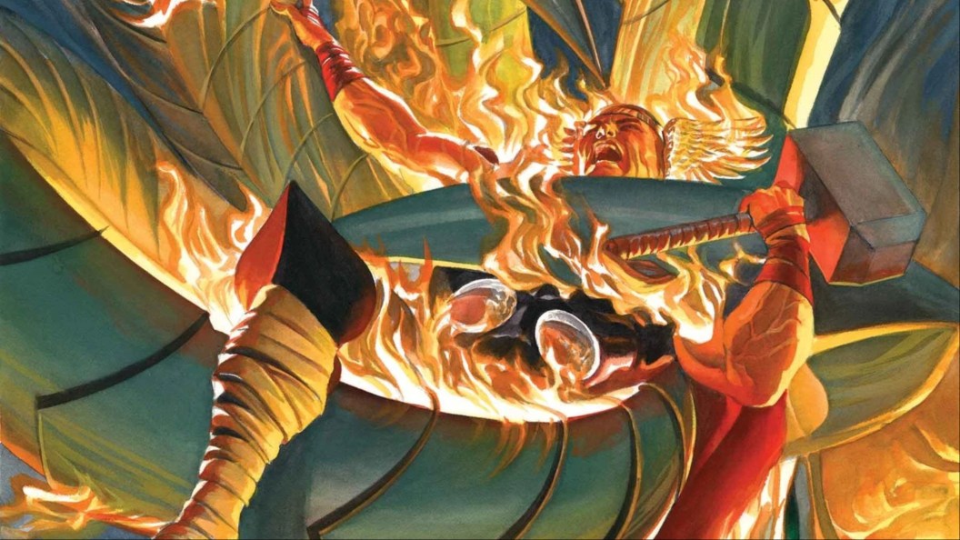 Thor being held by Utgard Loki while he's on fire from Immortal Thor #22
