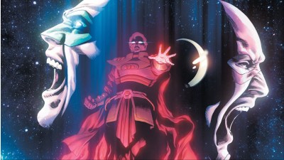 Pariah reaching forward surrounded by the heads of Green Lantern and the Flash from Dark Crisis on Infinite Earths