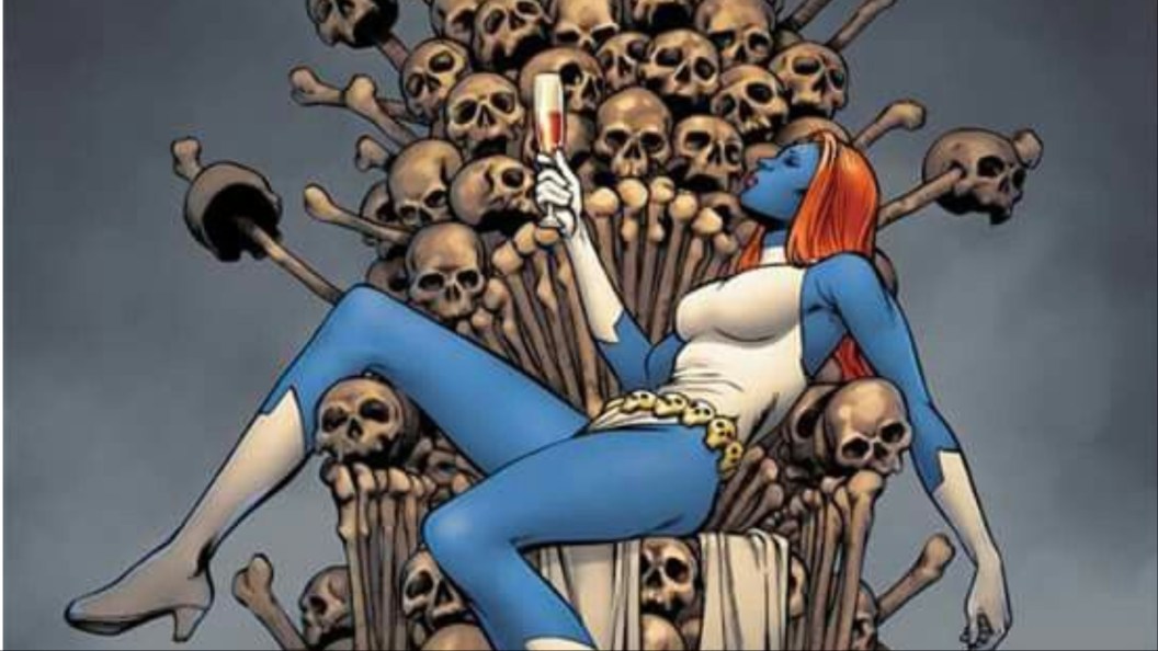 Mystique lounging on her throne of bone while having a drink