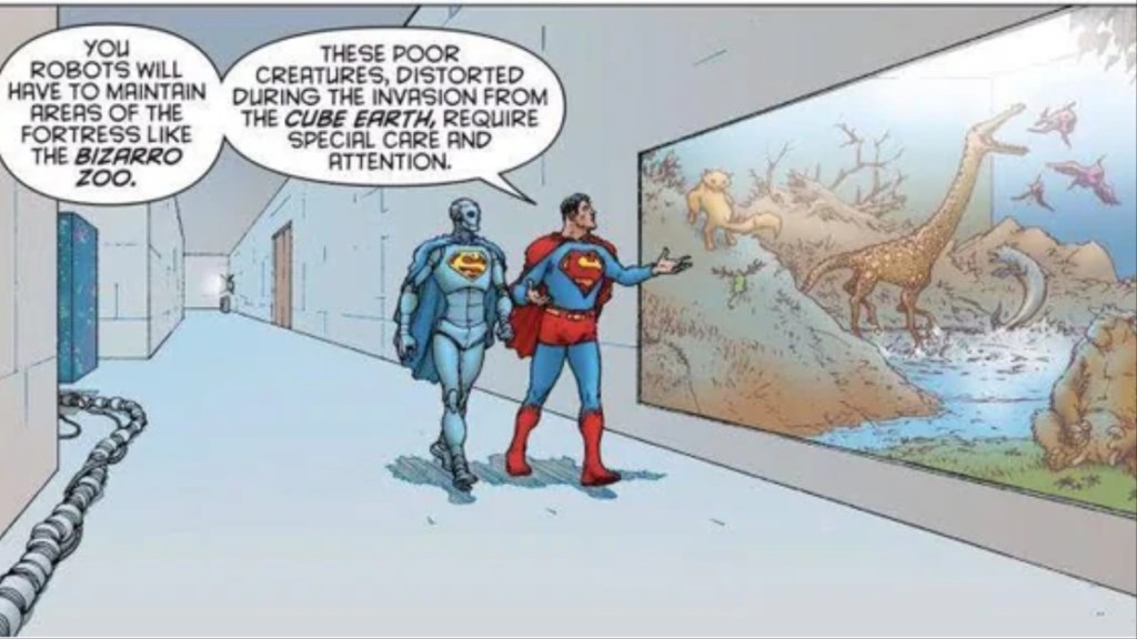 Superman and a Superman Robot walking through the Bizarro Zoo section of the Fortress of Solitude in All-Star Superman