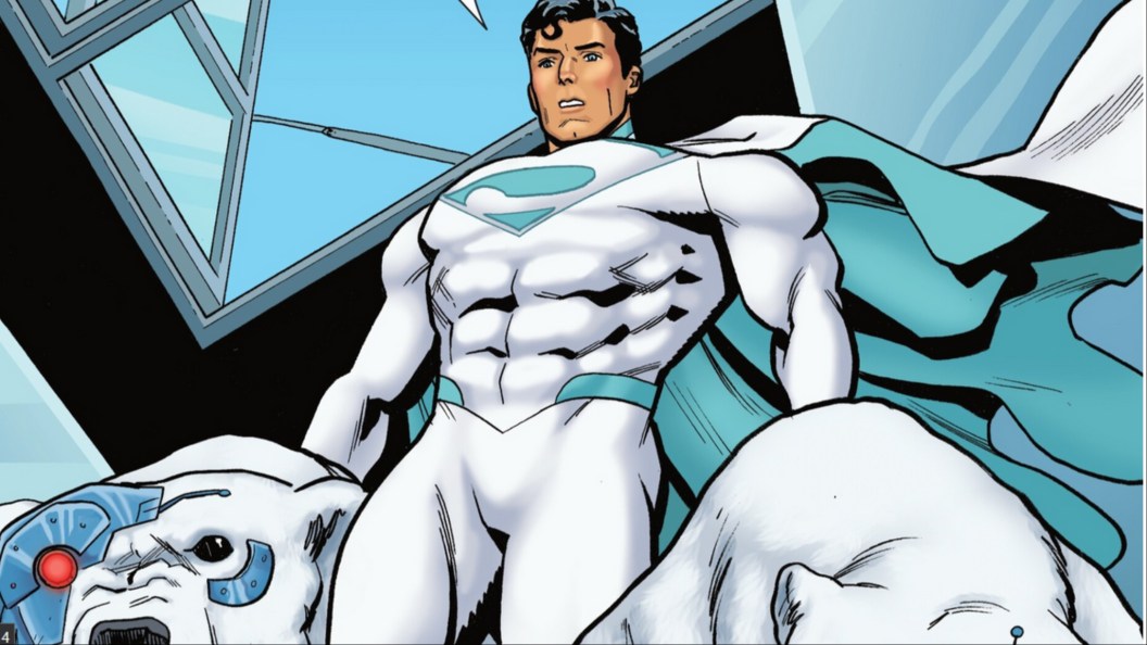 Superman in his whtie suit holding up two cybernetic polar bears in Action Comics #1085