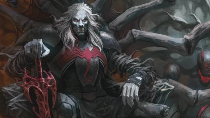 Knull sitting on a spidery looking throne